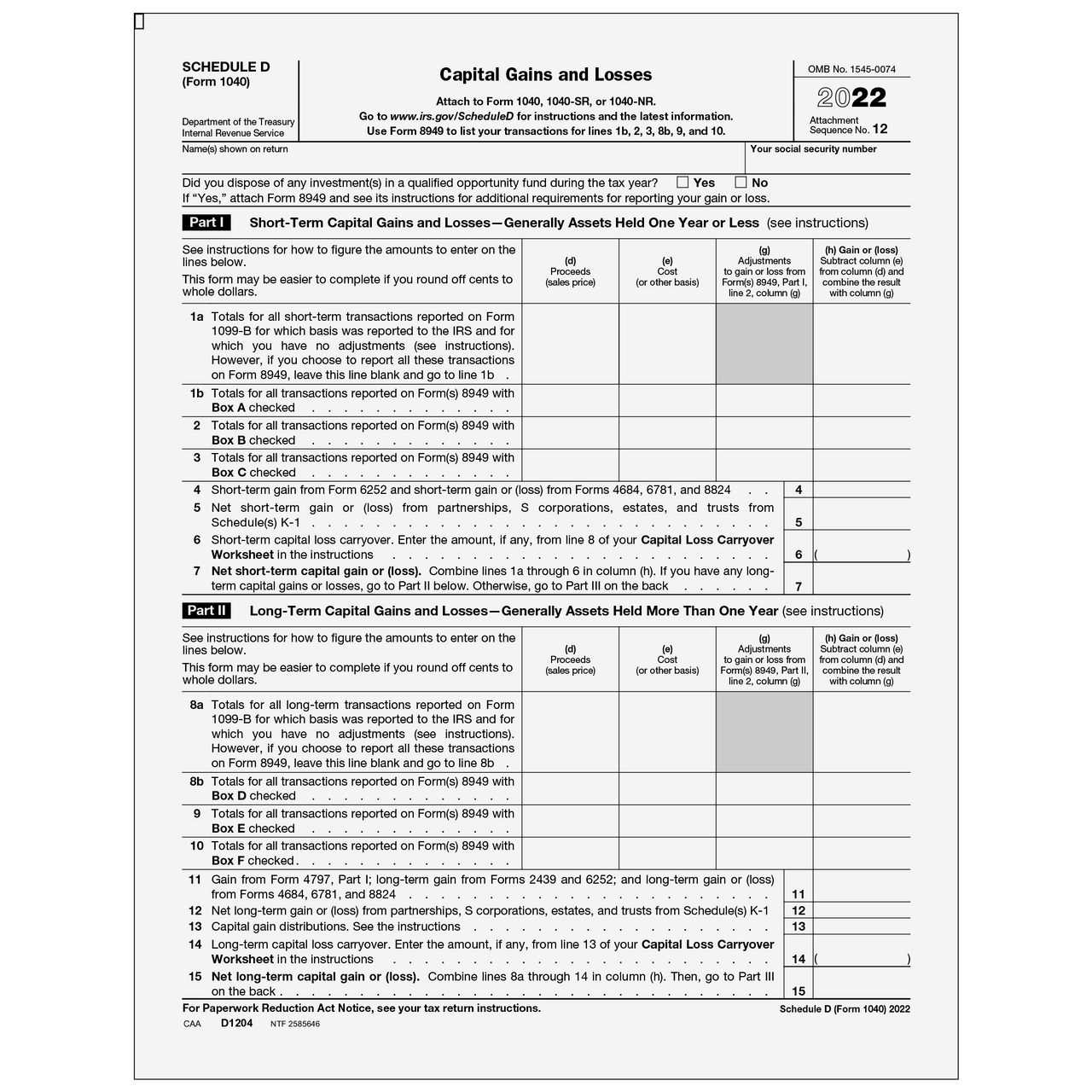 D1204 Form 1040 Schedule D Capital Gains And Losses Worksheets 