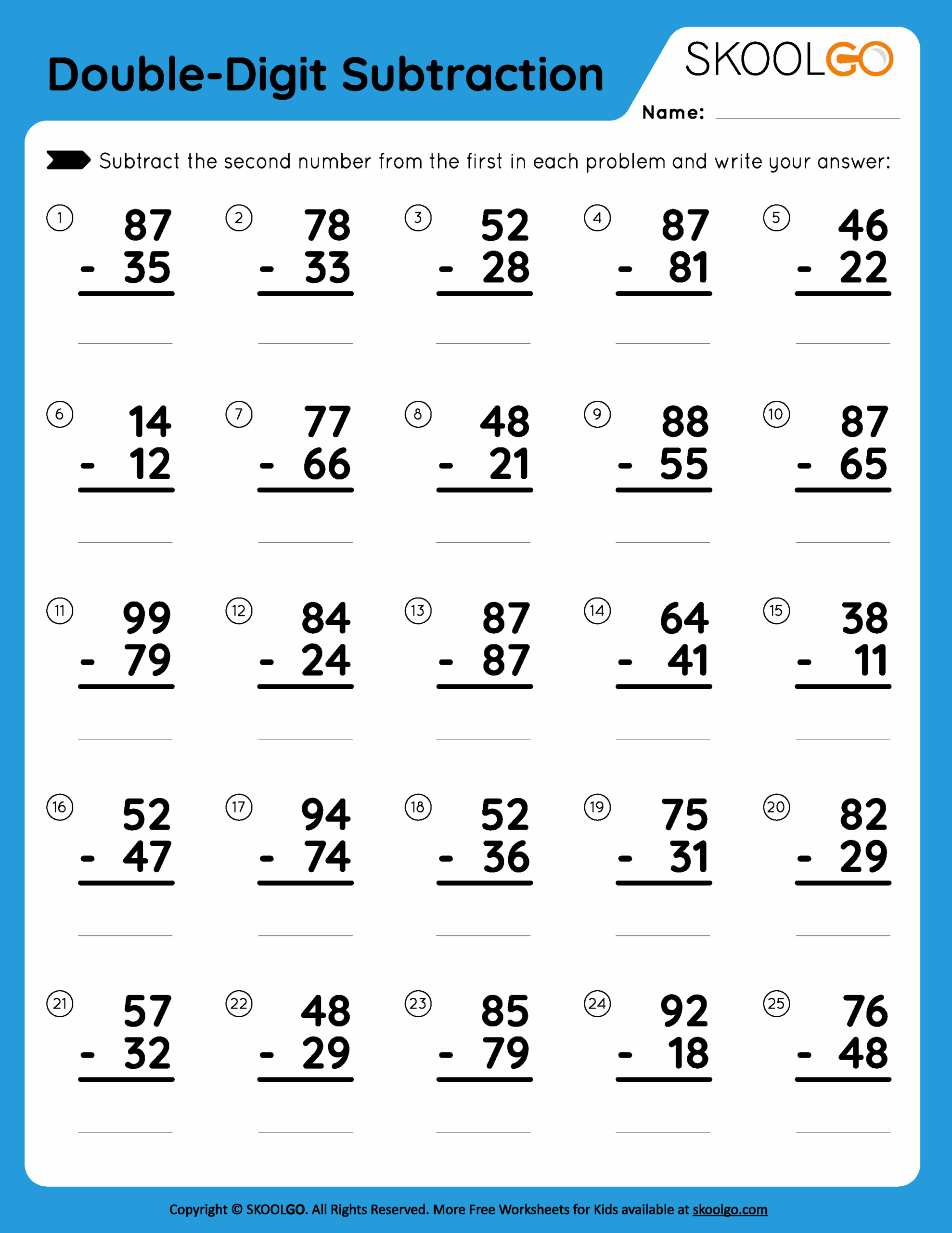 Double Digit Subtraction Free Worksheet For Kids SKOOLGO 