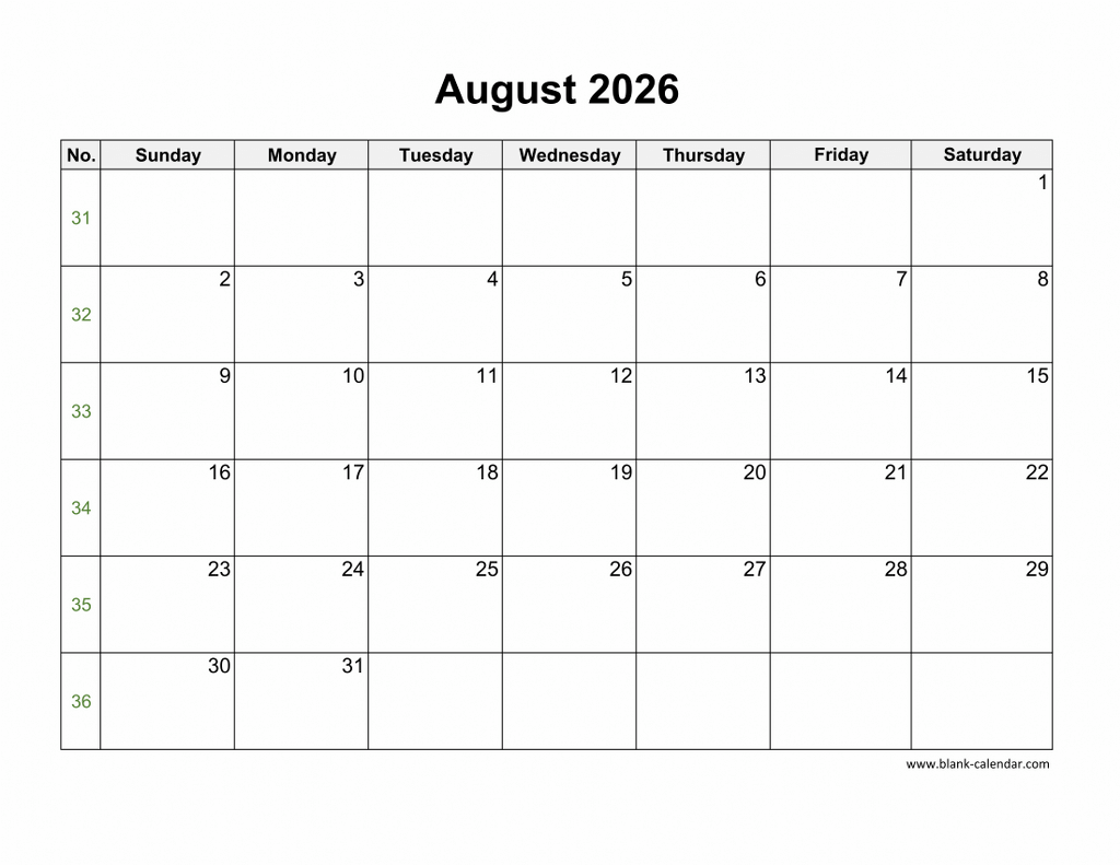 Download August 2026 Blank Calendar horizontal 