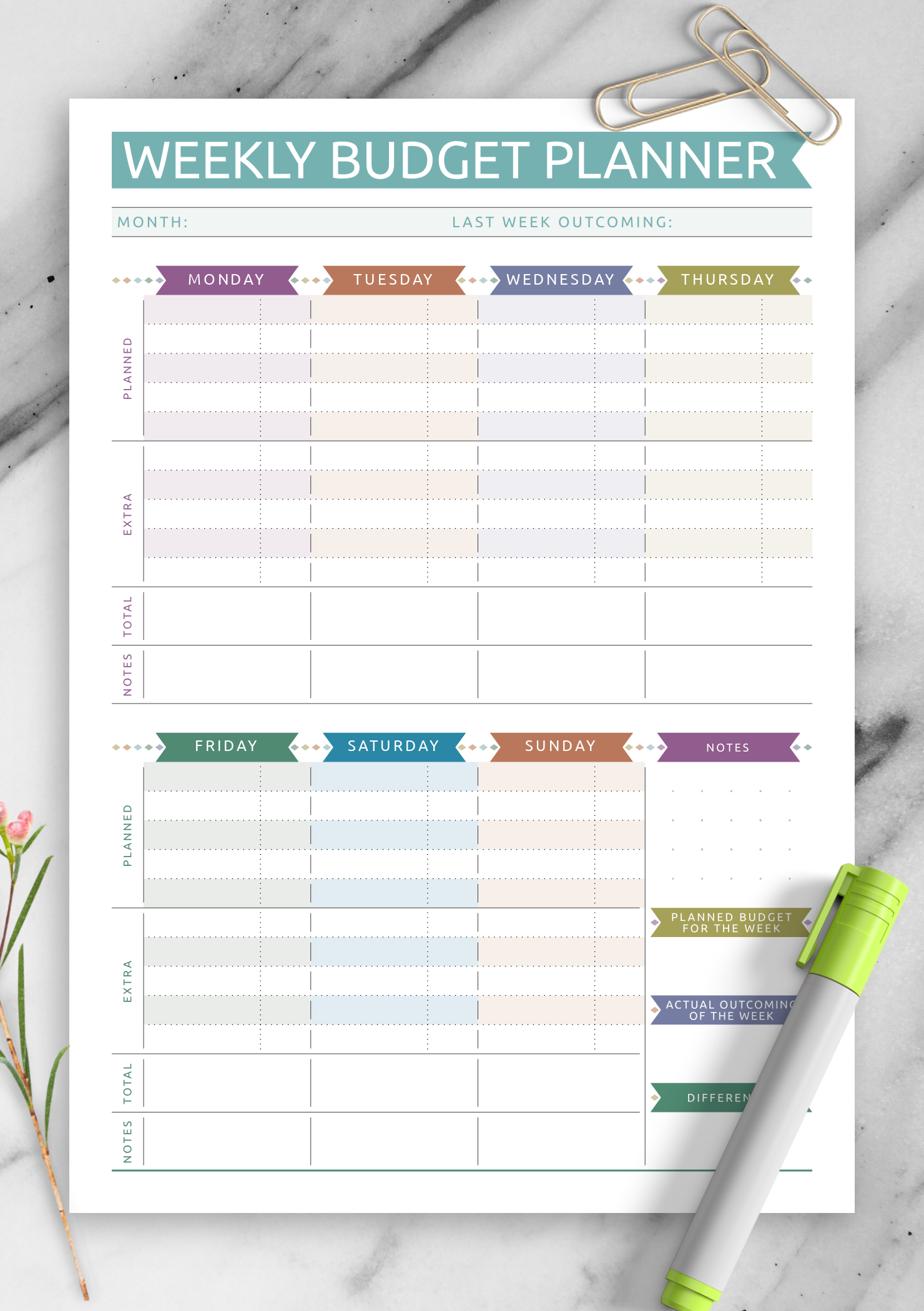 Weekly Budget Worksheet Printable
