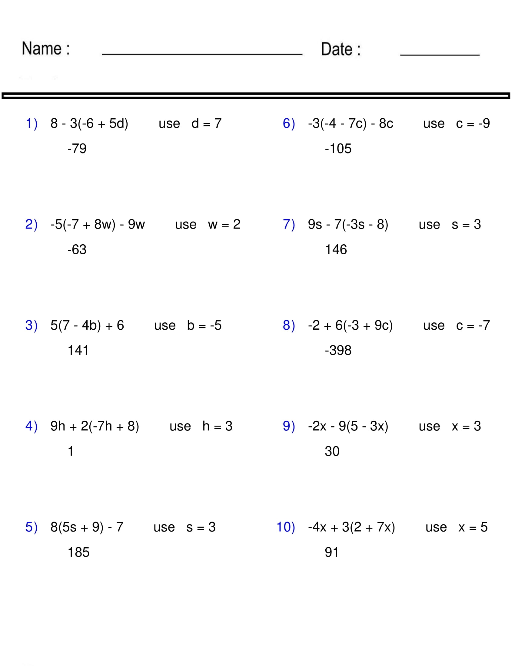 Printable Pre Algebra Worksheets With Answers