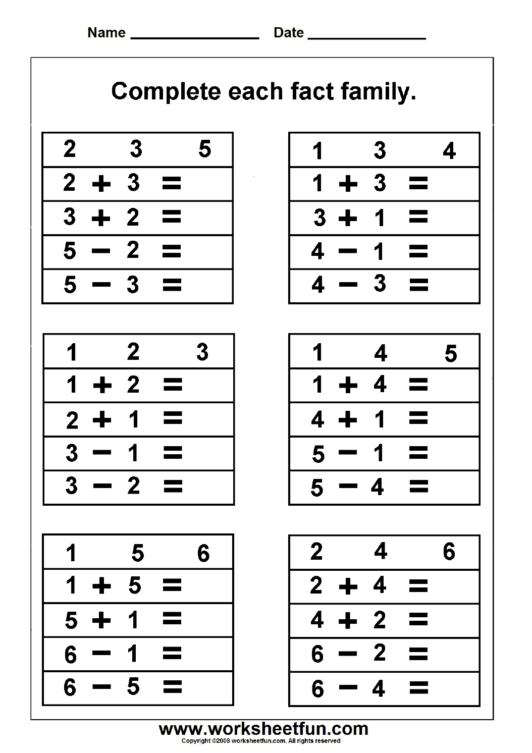 Free Printable Math Fact Family Worksheets