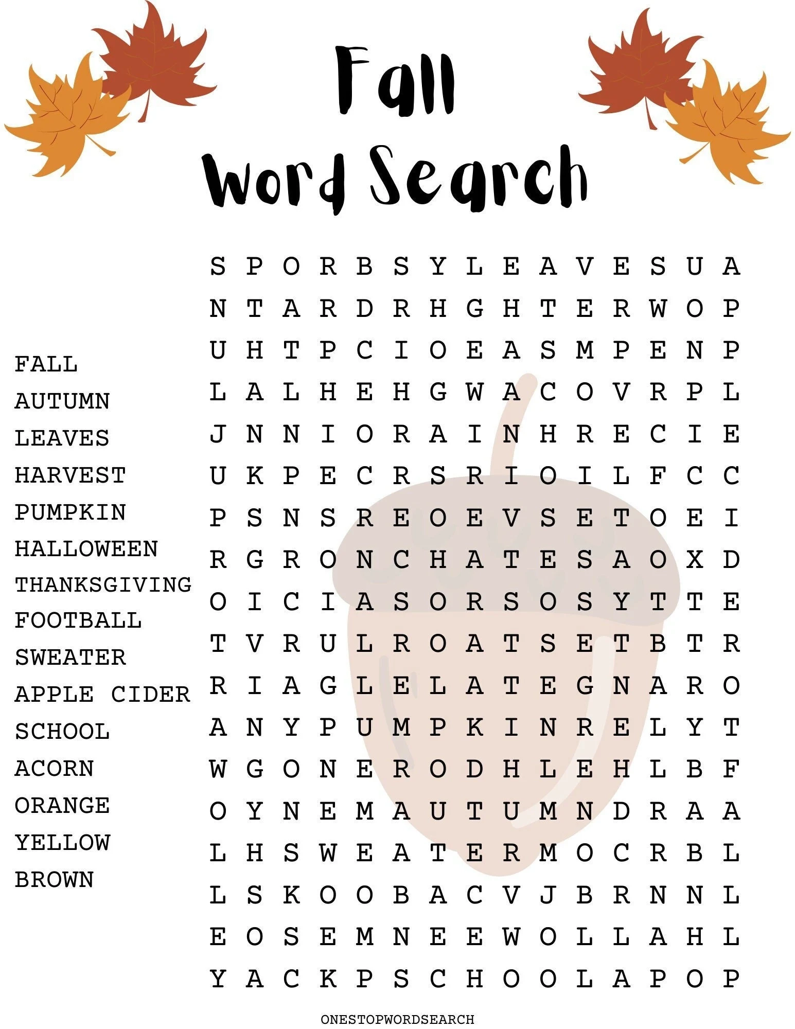Fall Word Search Printable