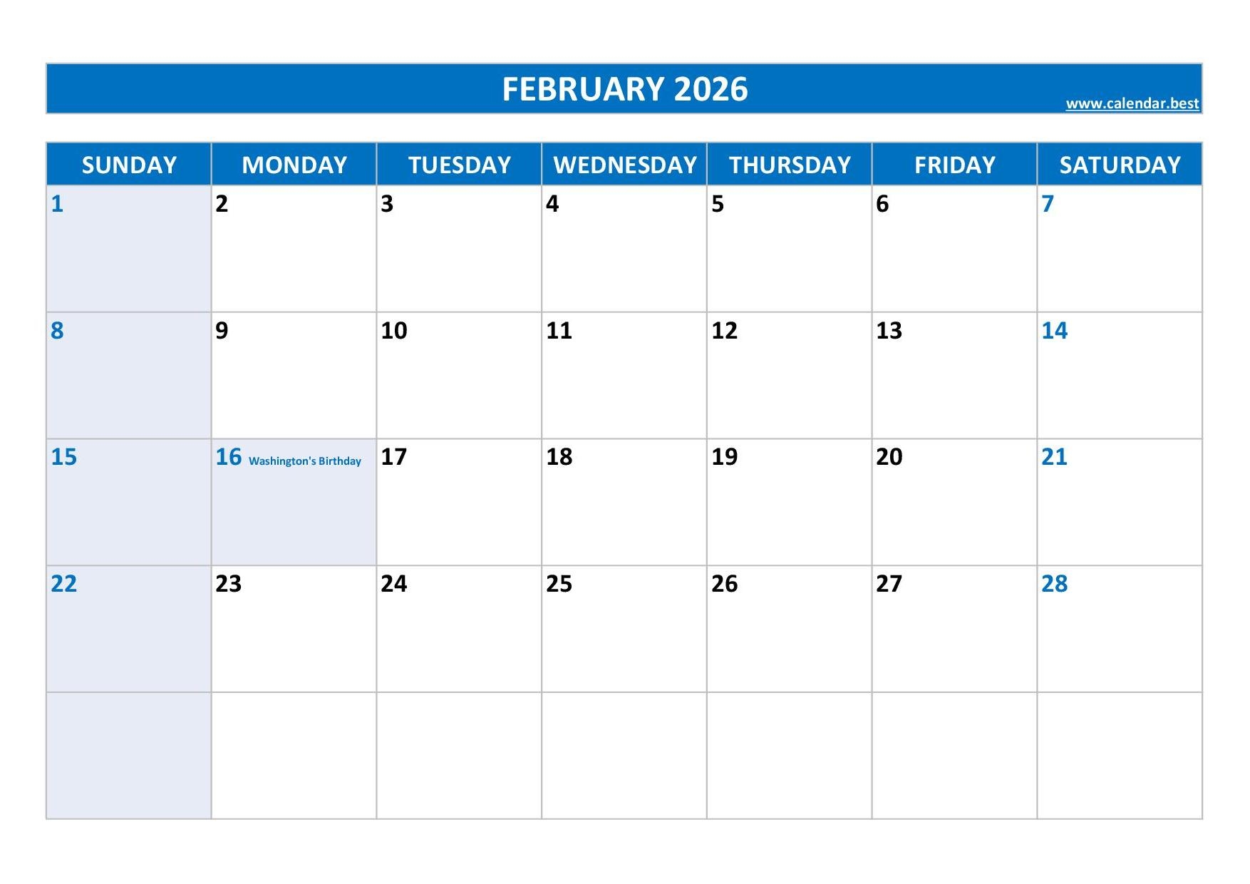 Feb 2026 Calendar With Holidays