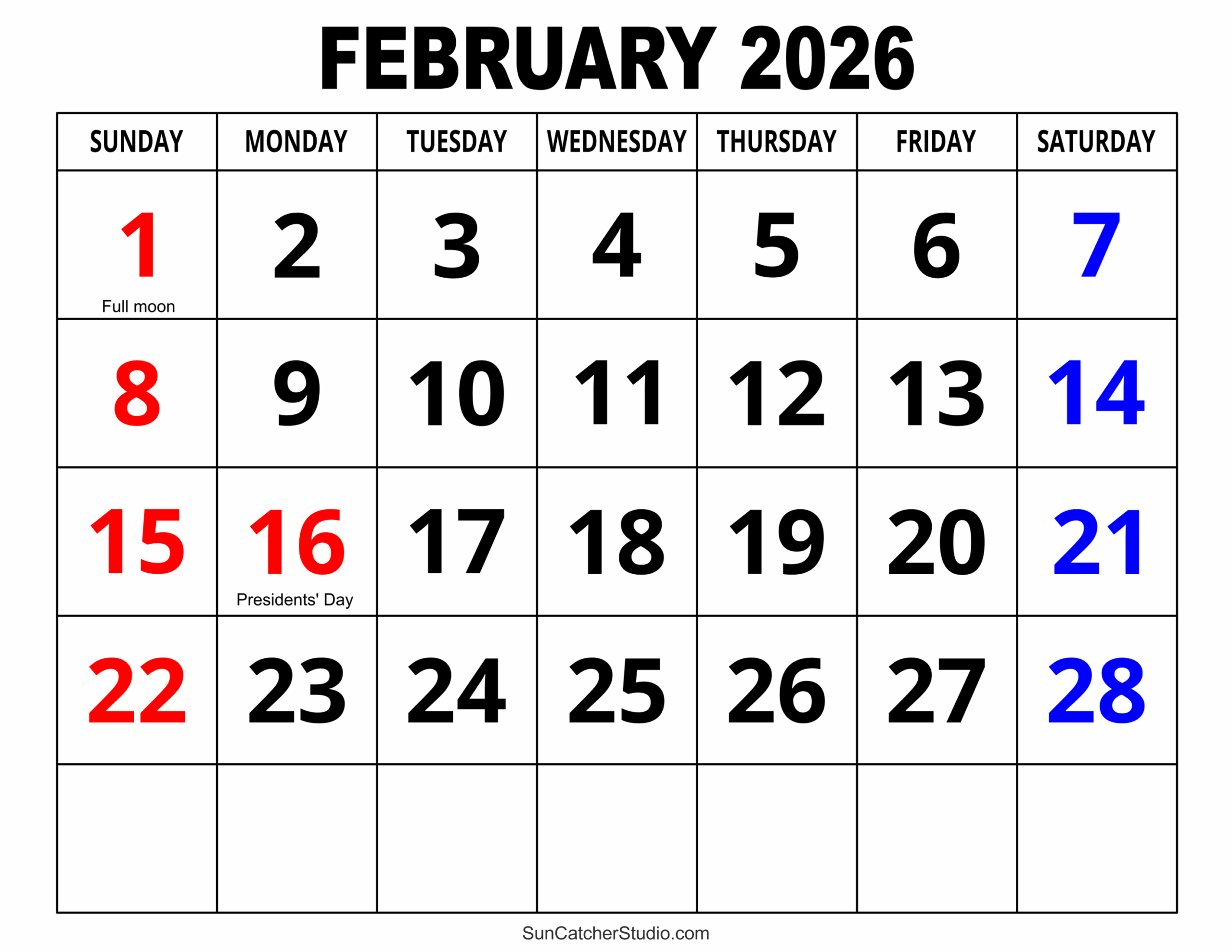Free Printable February 2026 Calendar