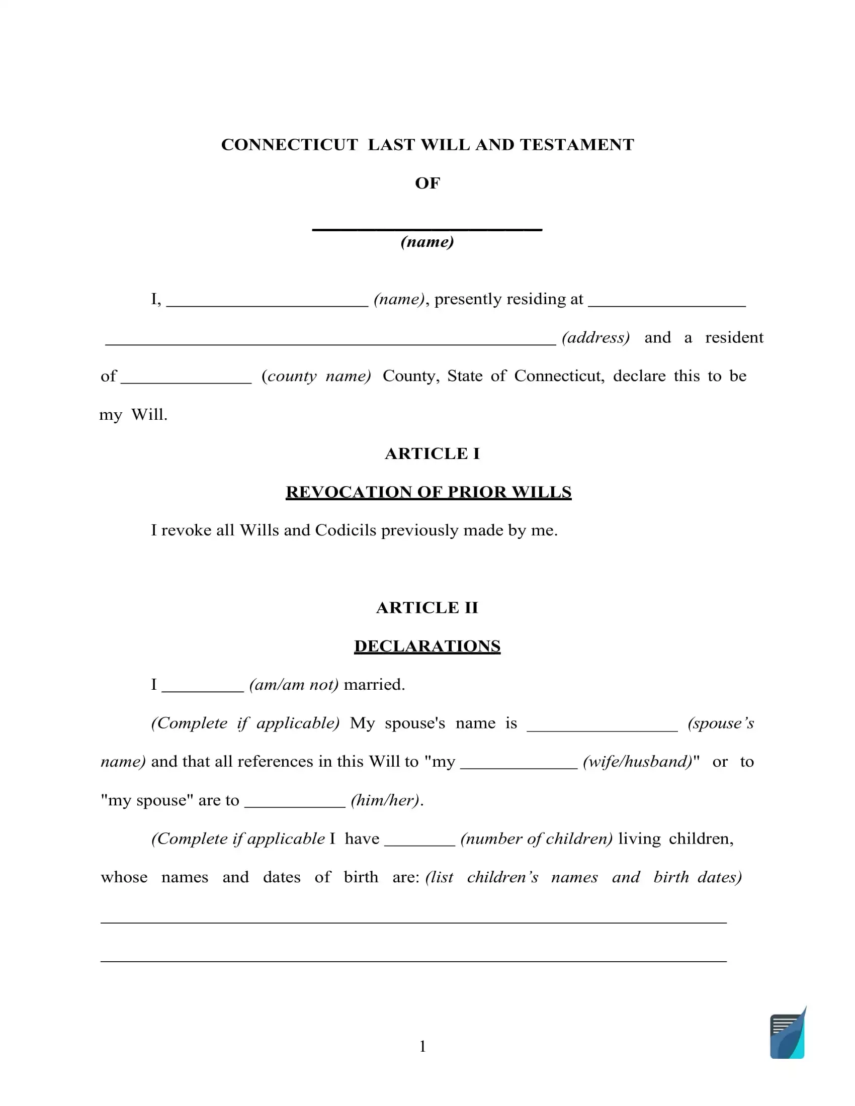 Fillable Connecticut Last Will And Testament Form FREE FormsPal