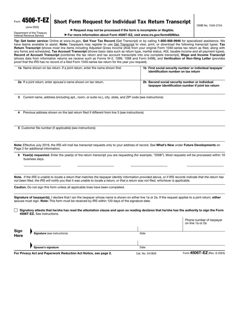 Irs Form 4506t-Ez