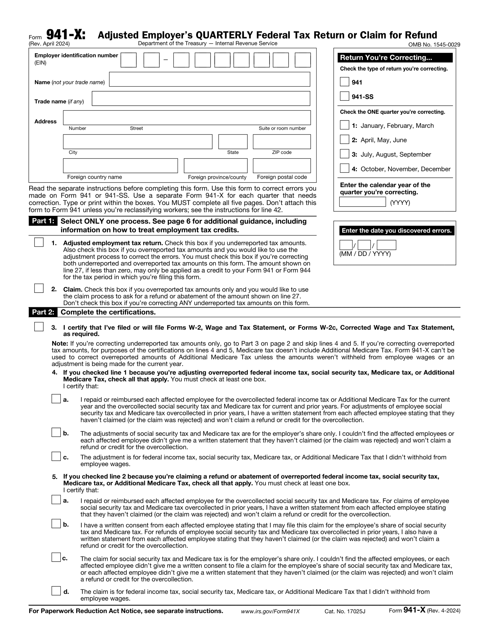 Form 941 X 2024 2025 Fill Edit Download PDF Guru