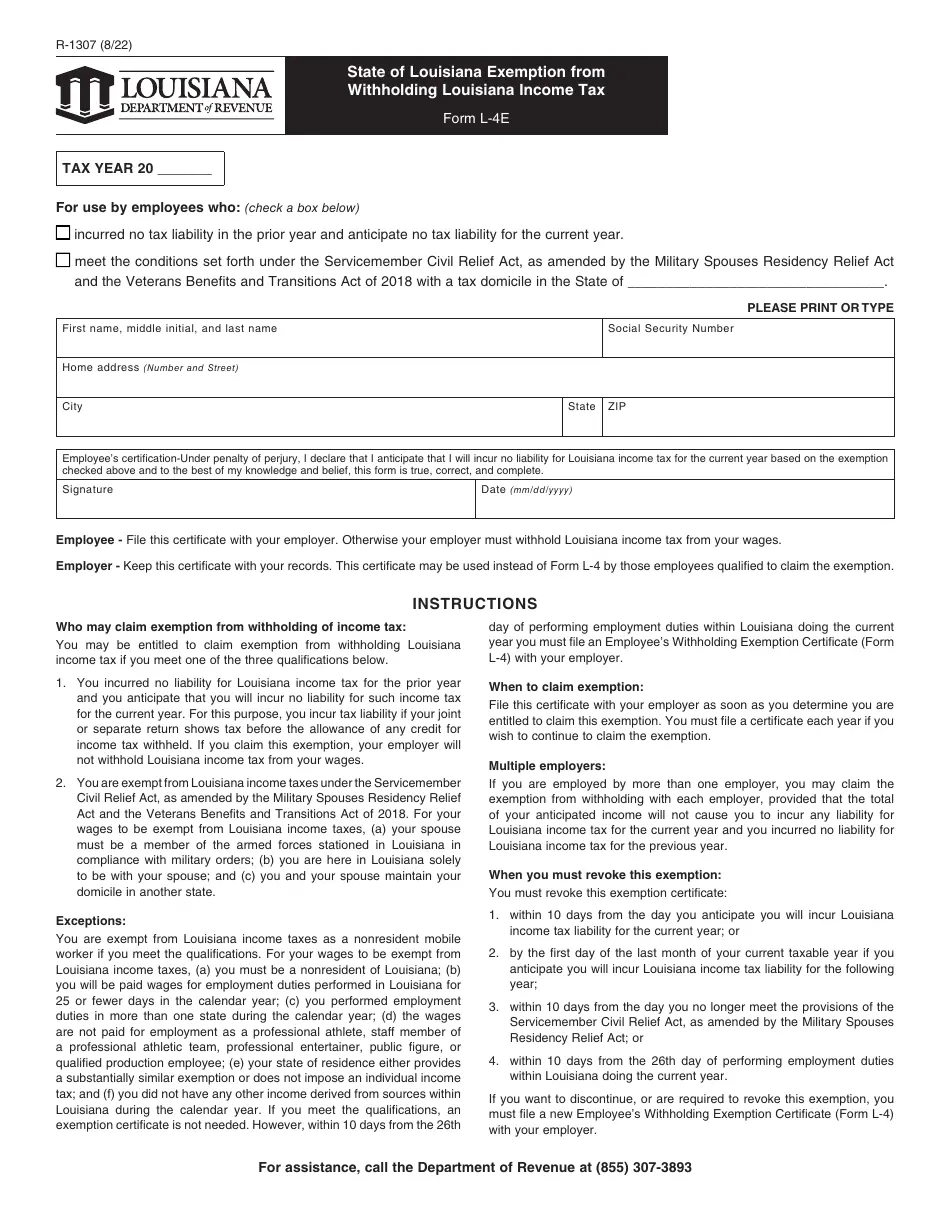 Louisiana Dept Or Revenue Form L-4