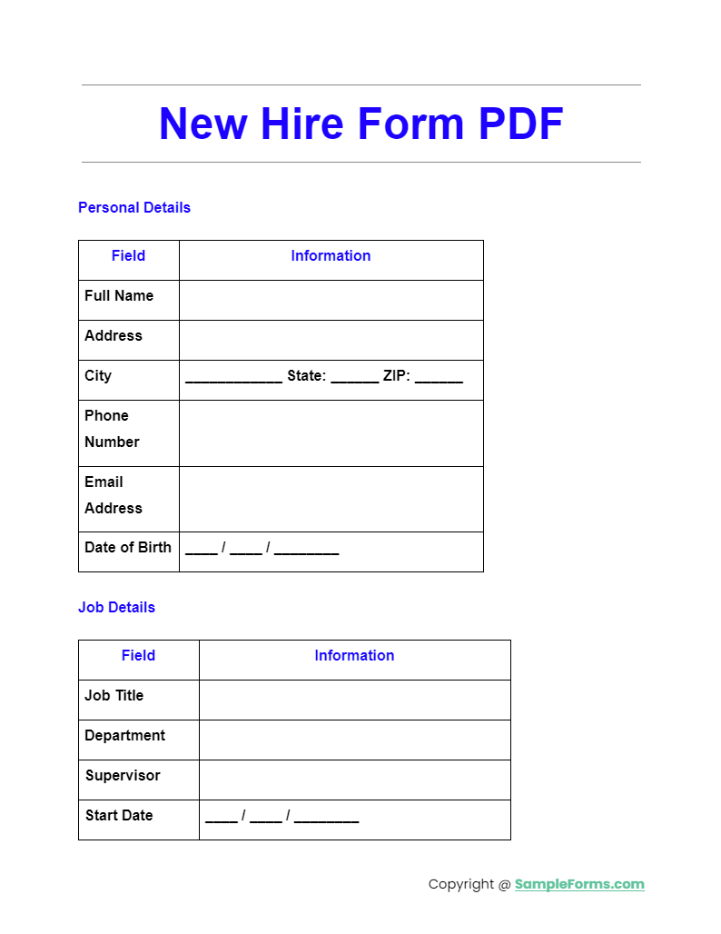 Employee New Hire Form Printable