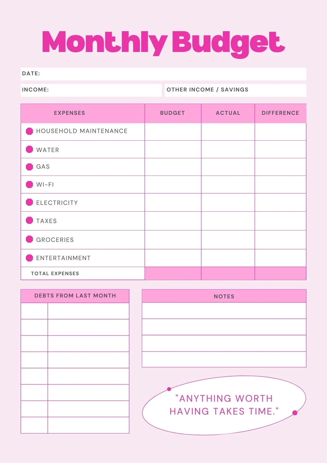 Budget Worksheet Printable Free
