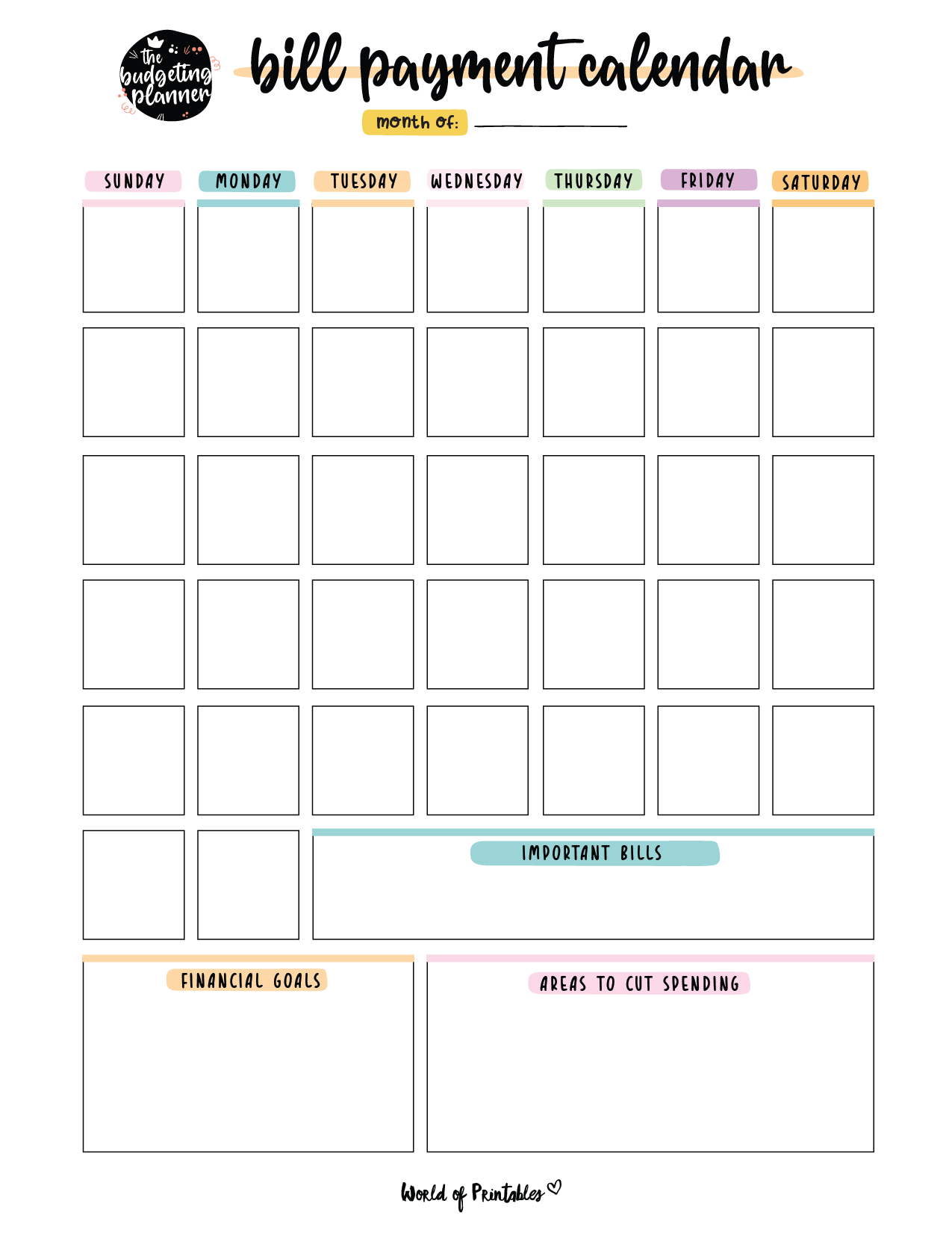 Bill Calendar Printable
