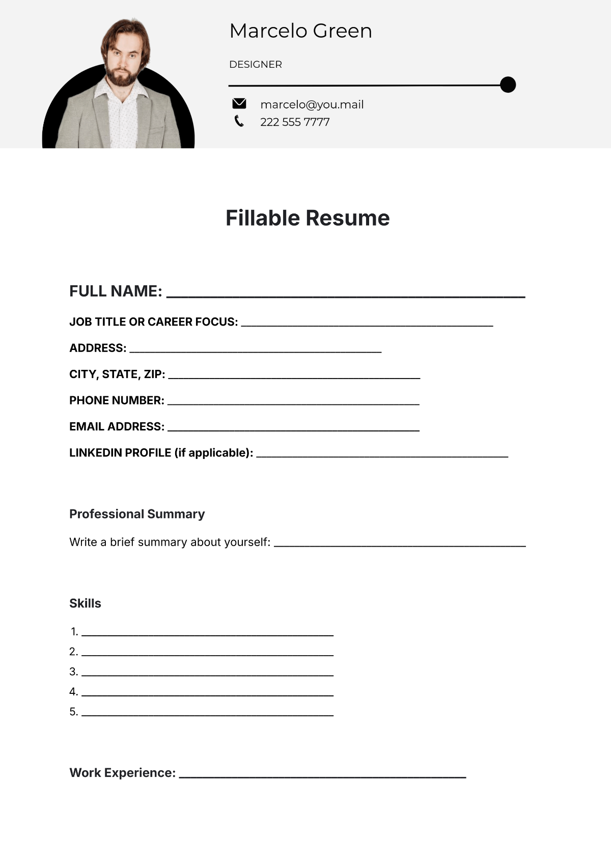 Printable Resume Worksheet