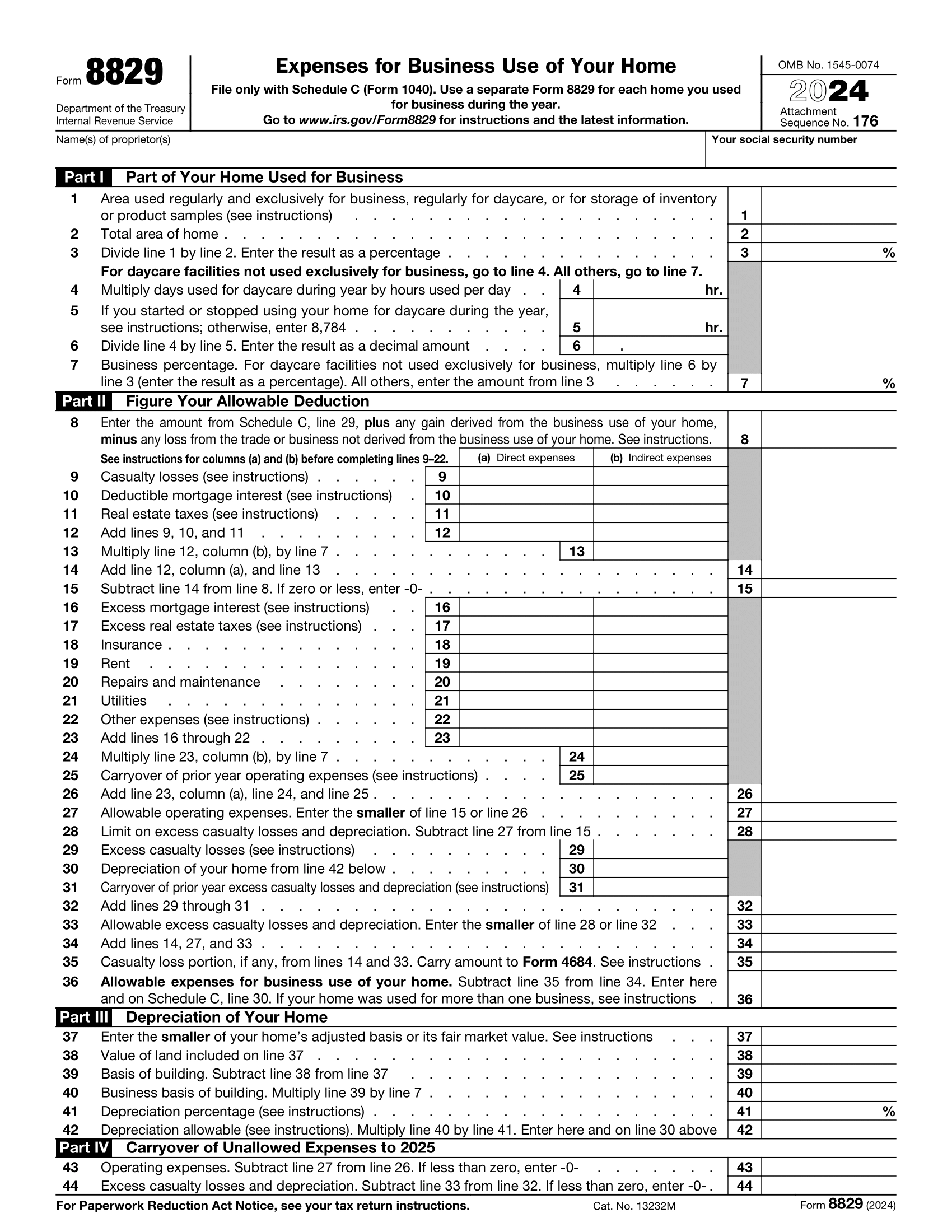 Free IRS Form 8829 Expenses For Business Use Of Your Home
