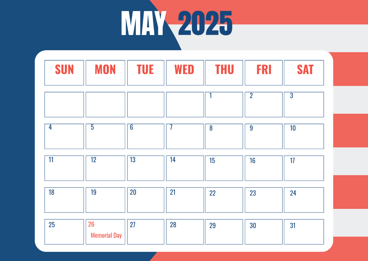 Free May 2025 Calendar Memorial Day Template To Edit Online