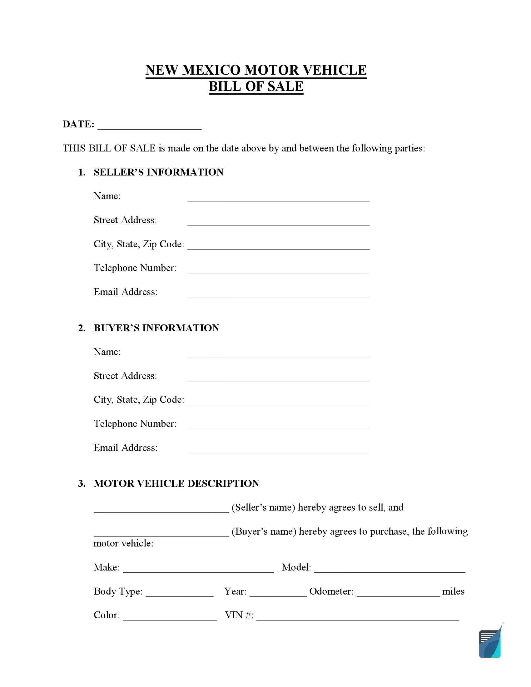 Bill Of Sale Form Printable New Mexico