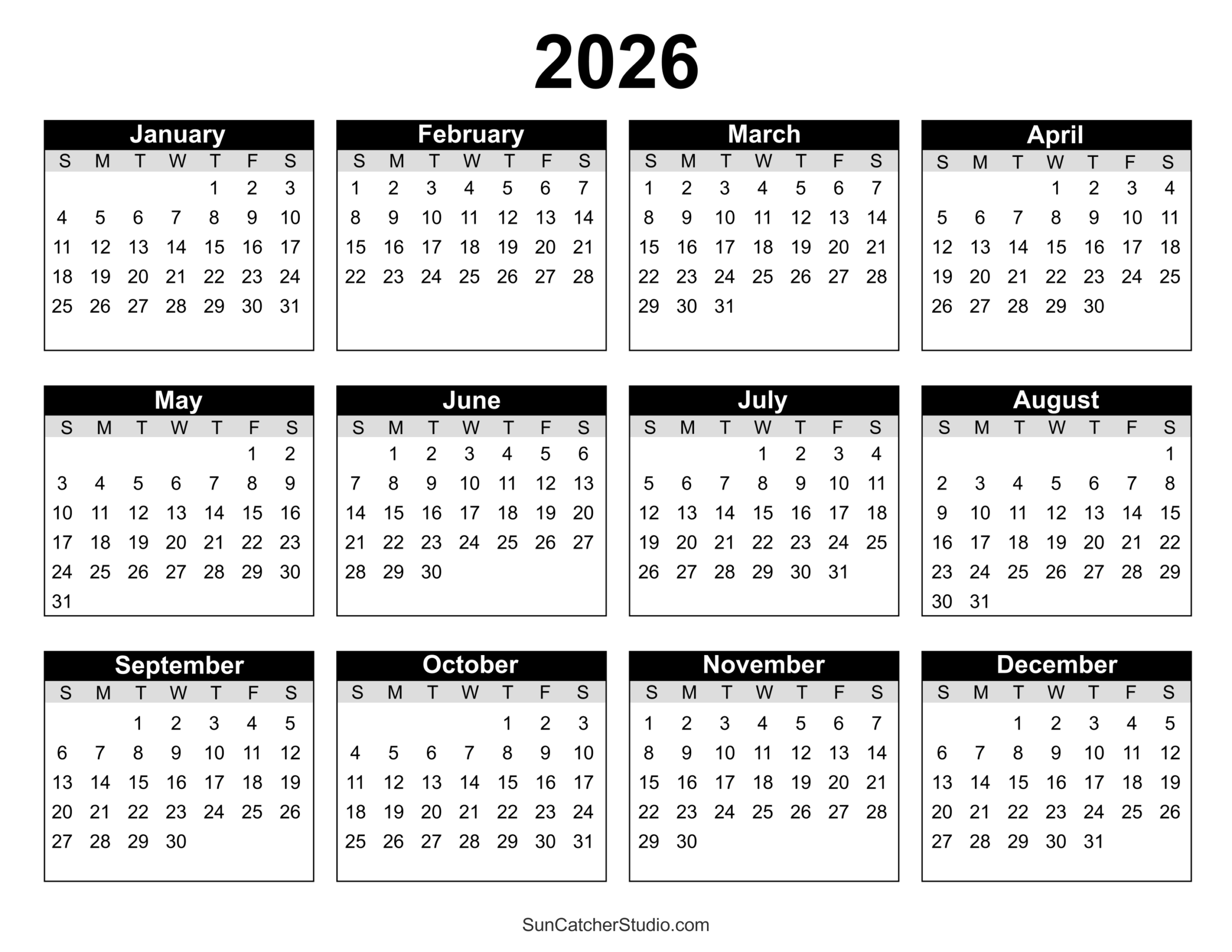 Blank 2026 Printable Calendar Pages