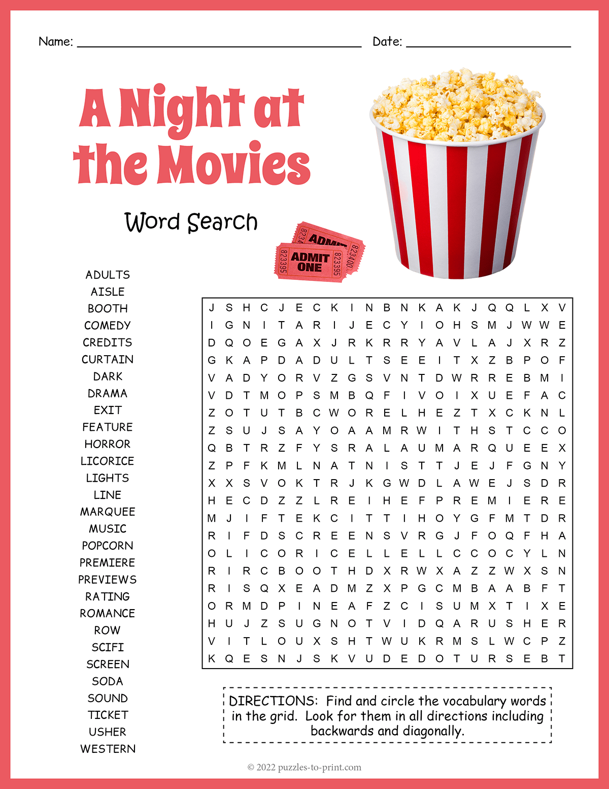 Free Printable A Night At The Movies Word Search