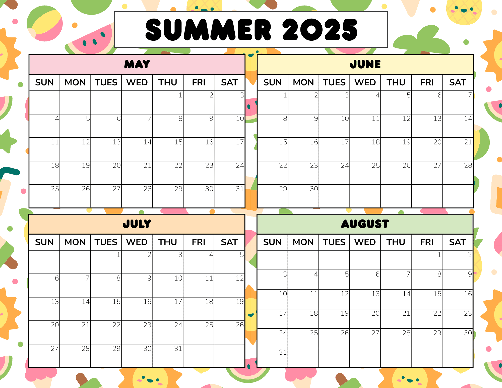 Blank Summer Calendar 2025 Free Printable