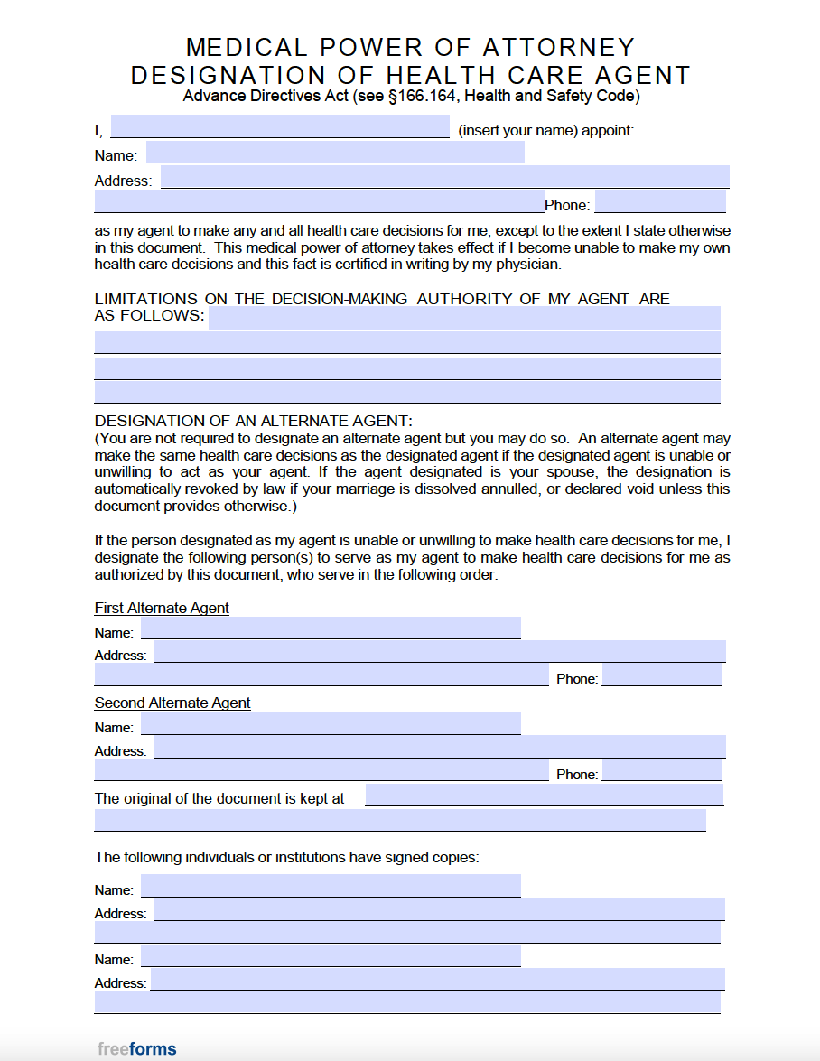 Medical Power Of Attorney Form Free Printable