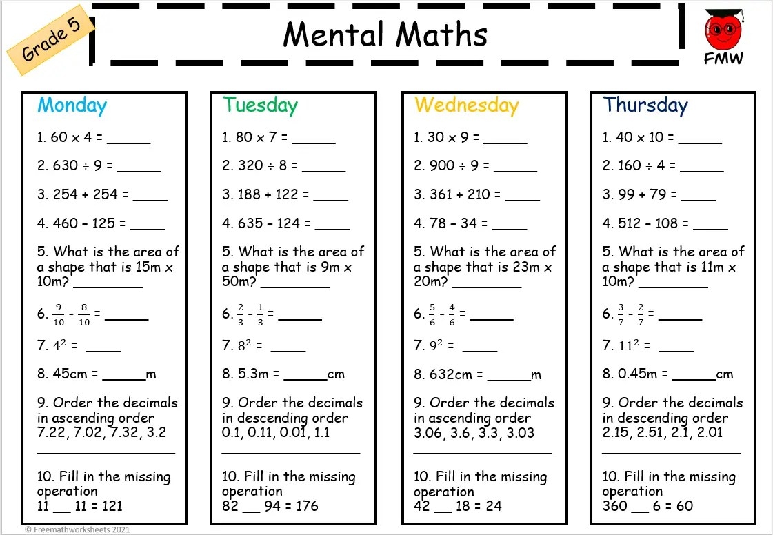 Grade 5 Math Worksheets Free Worksheets Printables 