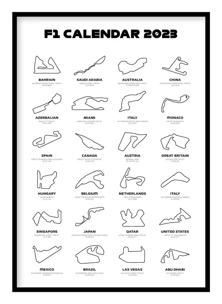 Grand Tour Formula 1 2026 Season Info Calendar Poster On Black Or 