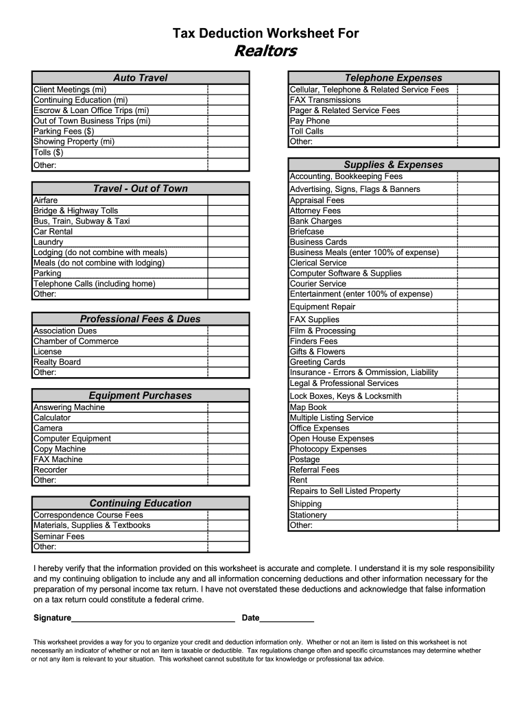 Printable Itemized Deductions Worksheet