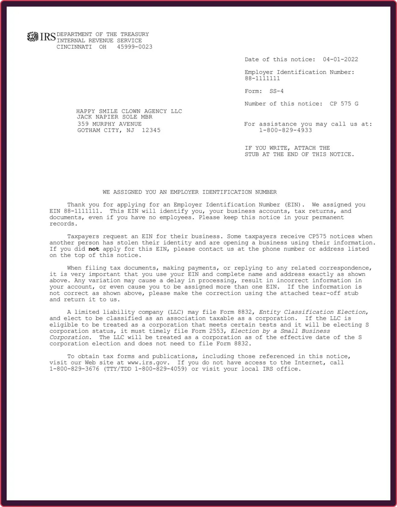 Irs Form Ss4 Ein Verification Letter