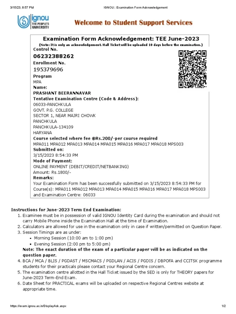 IGNOU June 2023 Exam Form Ack PDF Payments Service Industries
