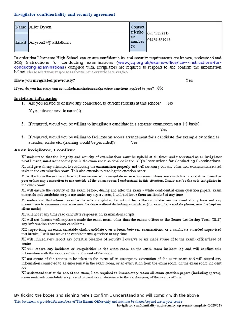 Invigilator Confidentiality And Security Agreement Sheet 2020 21 