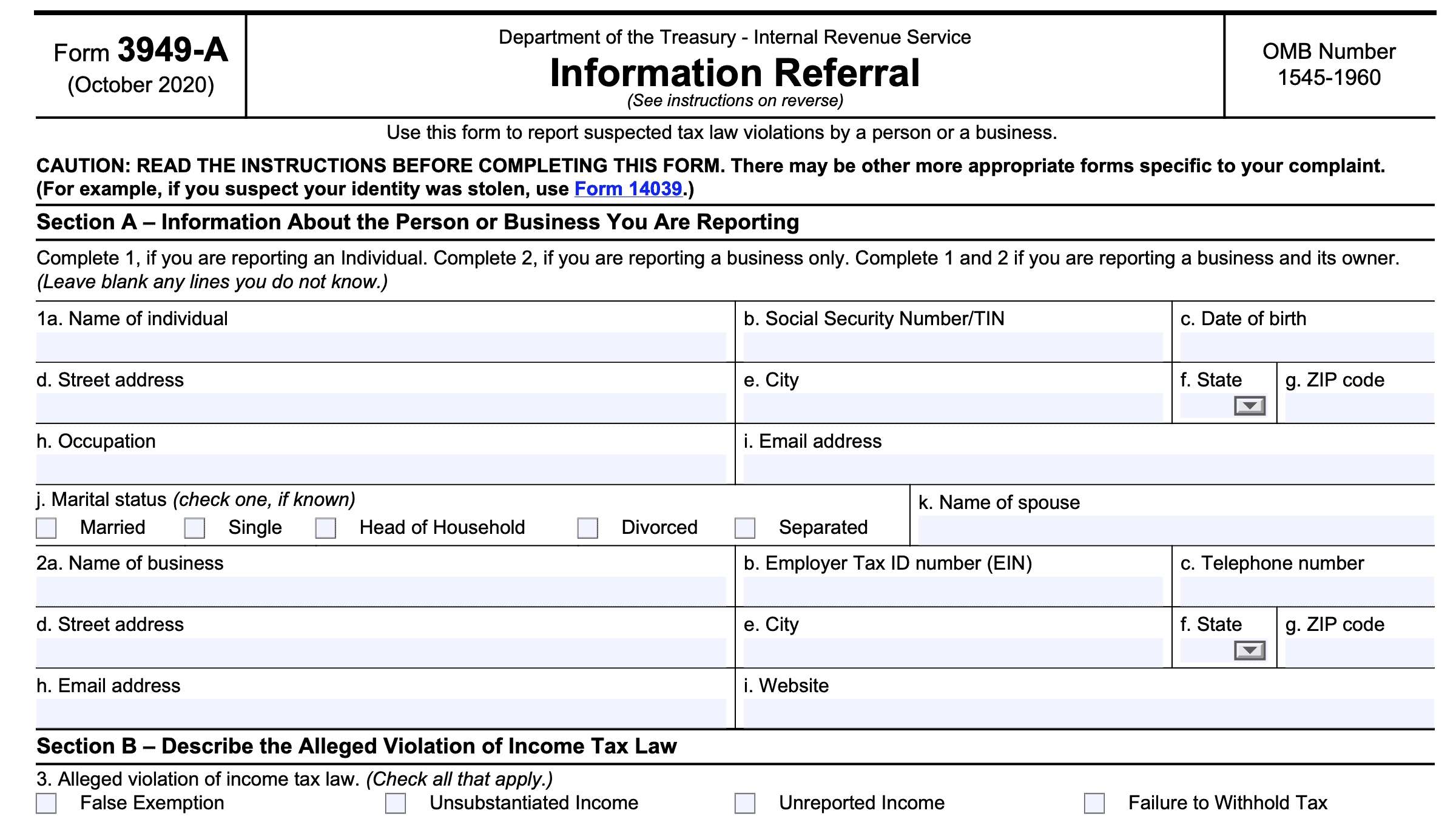 IRS Form 3949 A Instructions