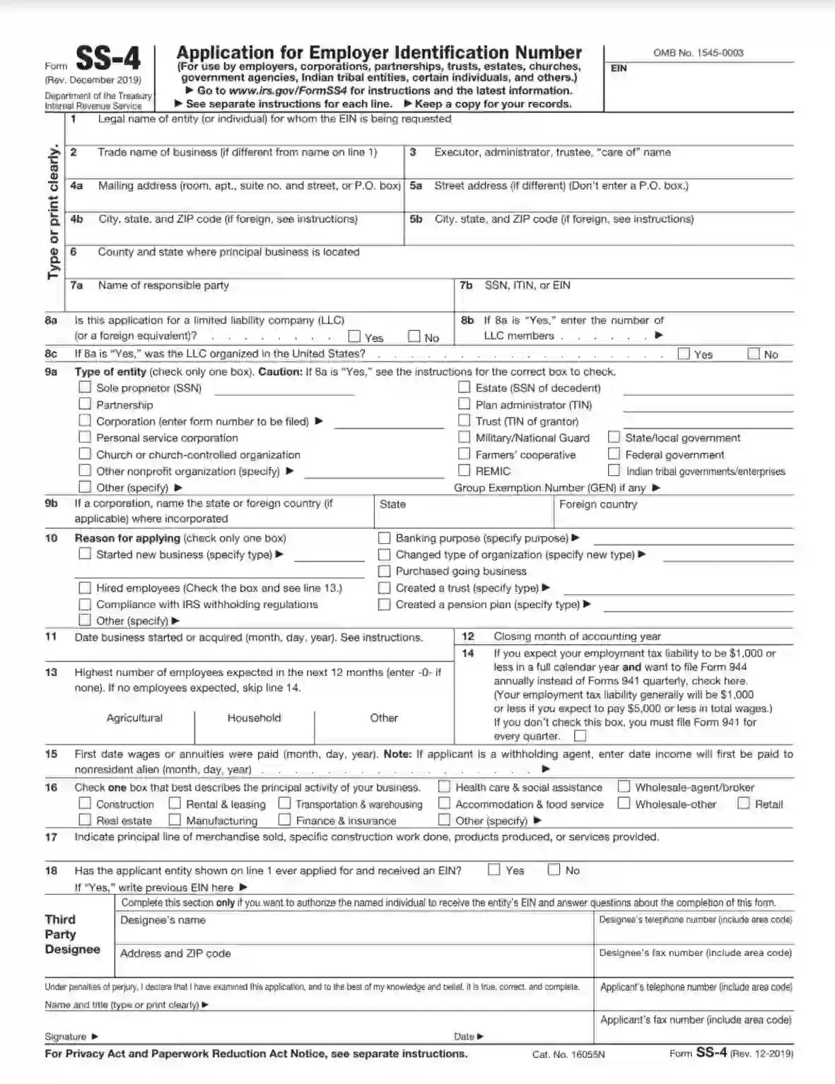 IRS Form SS 4 Fill Out Printable PDF Forms Online