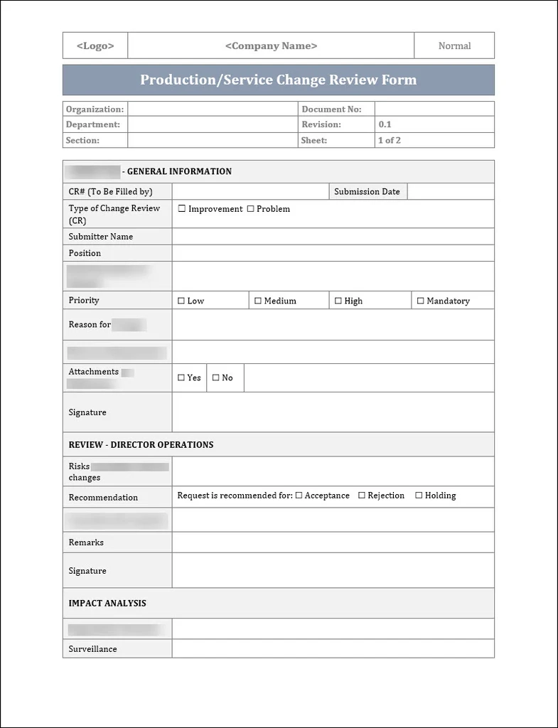 ISO 9001 Production Service Change Review Form Template ISO 