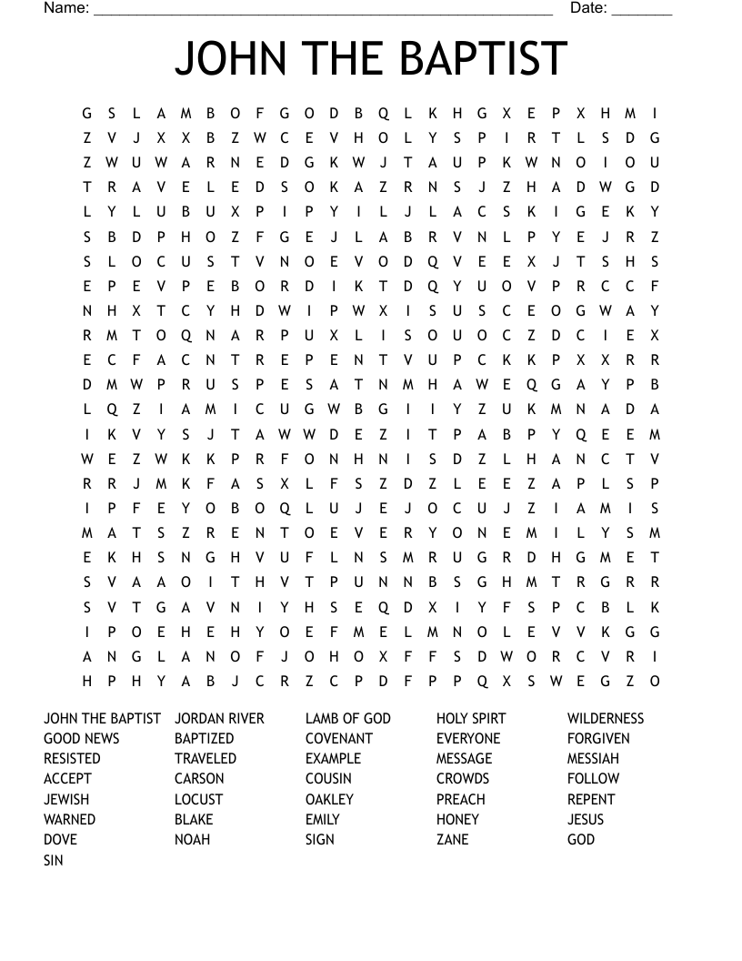 John The Baptist Word Search WordMint