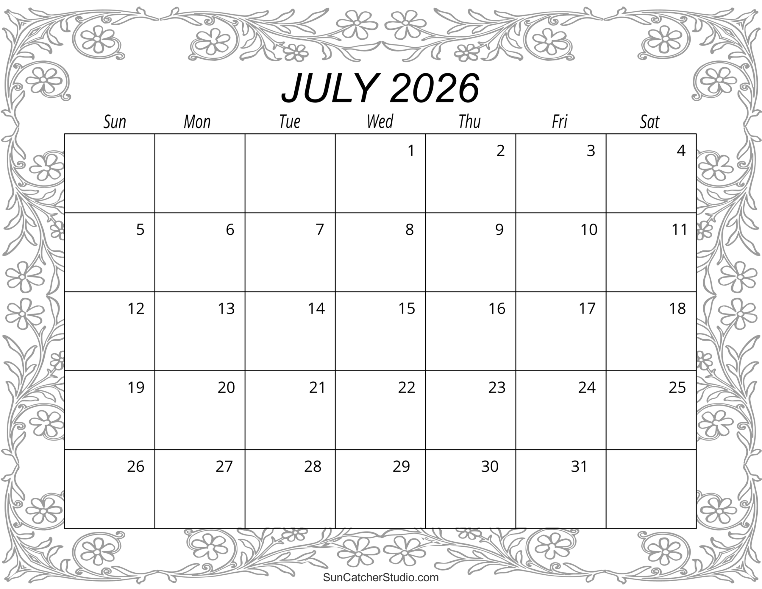 July Blank Calendar 2026 Portrait