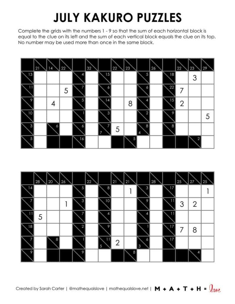 July Kakuro Puzzles Free PDF Download 