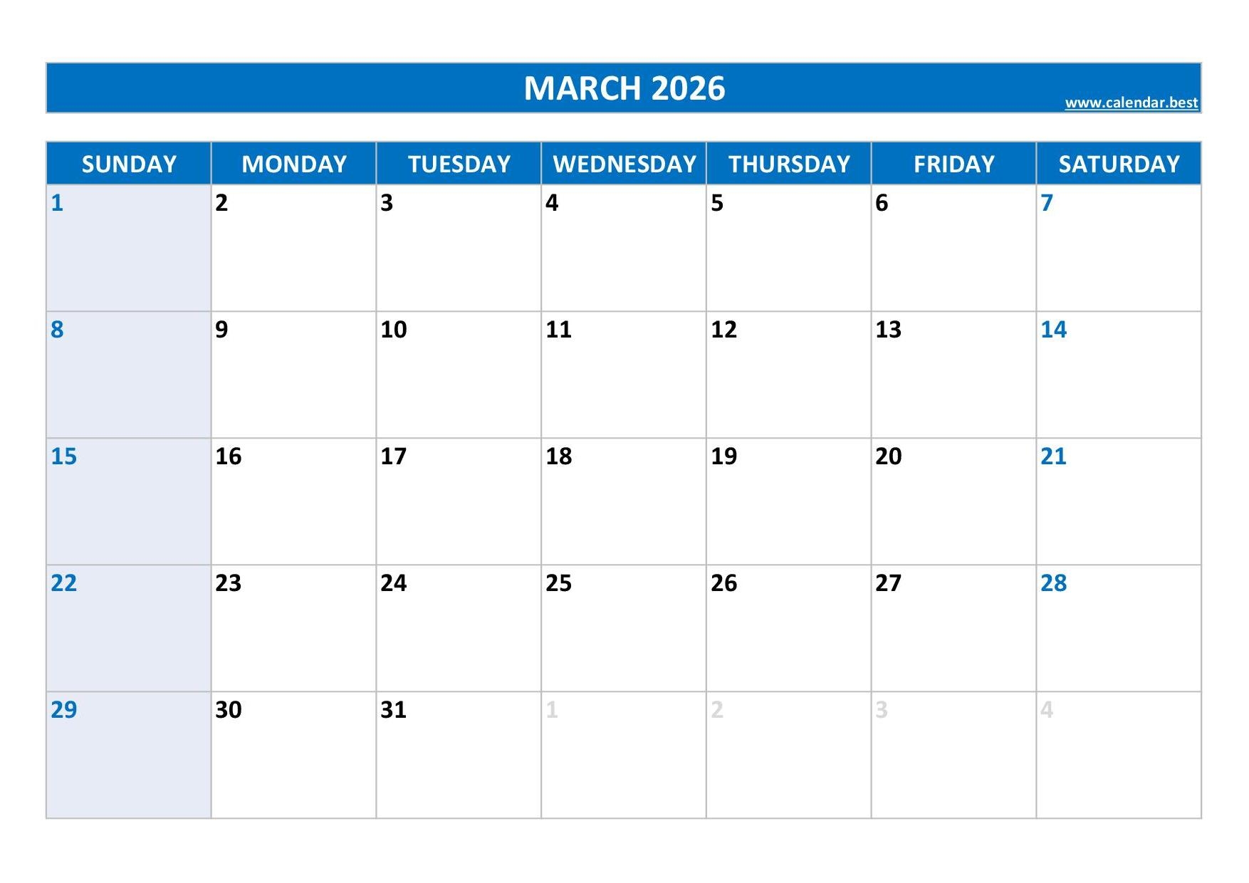 Blank Calendar Printable March 2026 Free