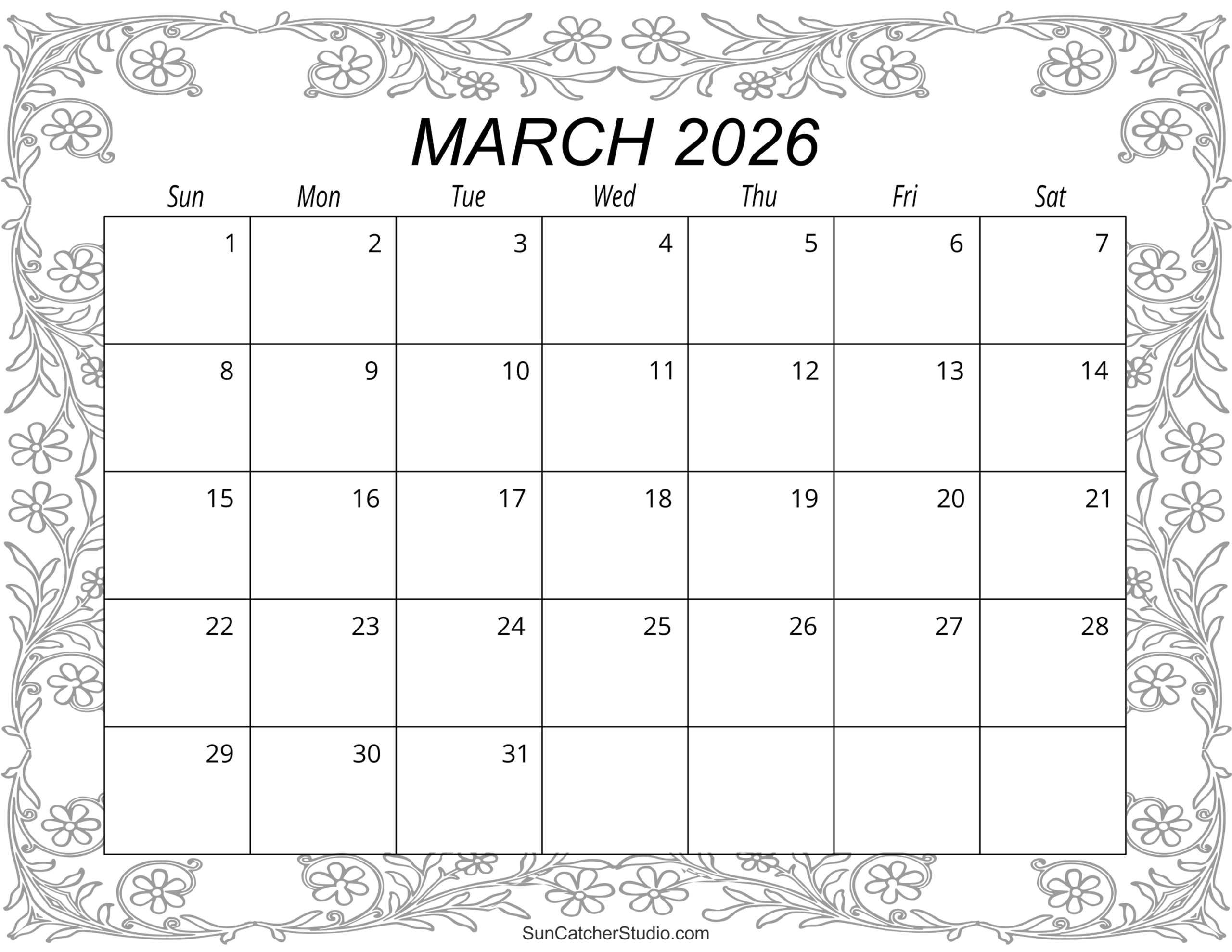 Blank Calendar Page March 2026