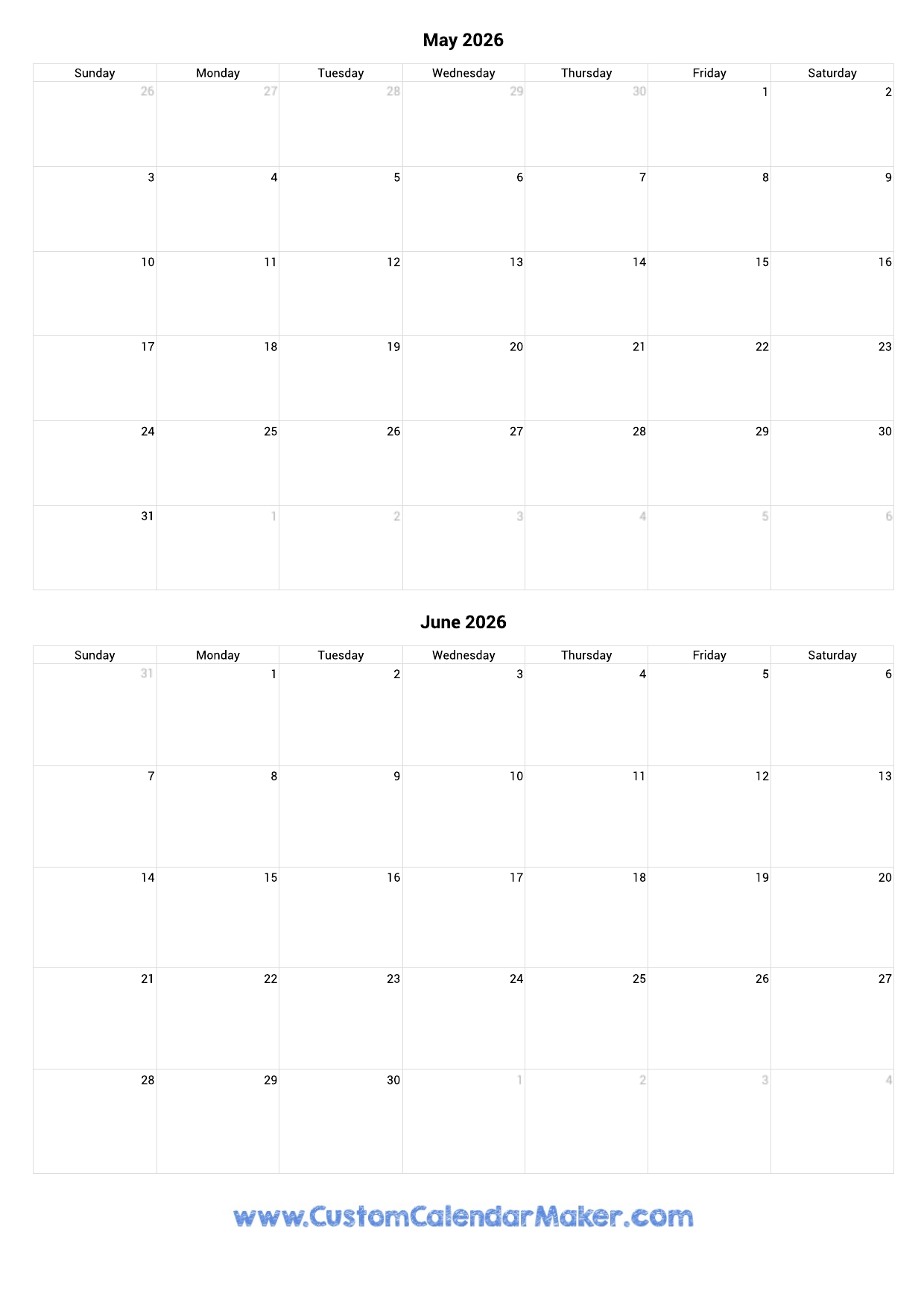 Blank Calendar 2026 May June July
