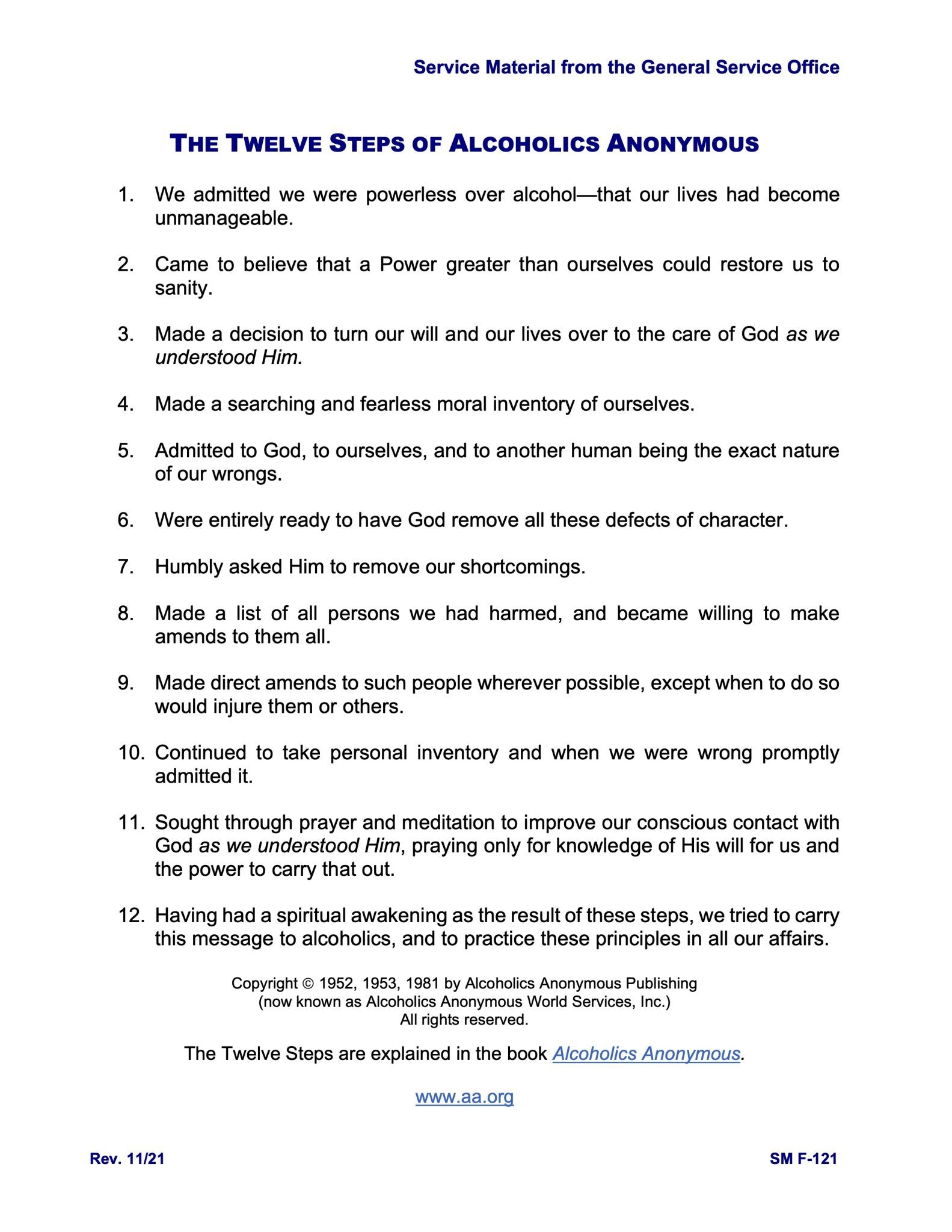 Aa 12 Steps Printable Version