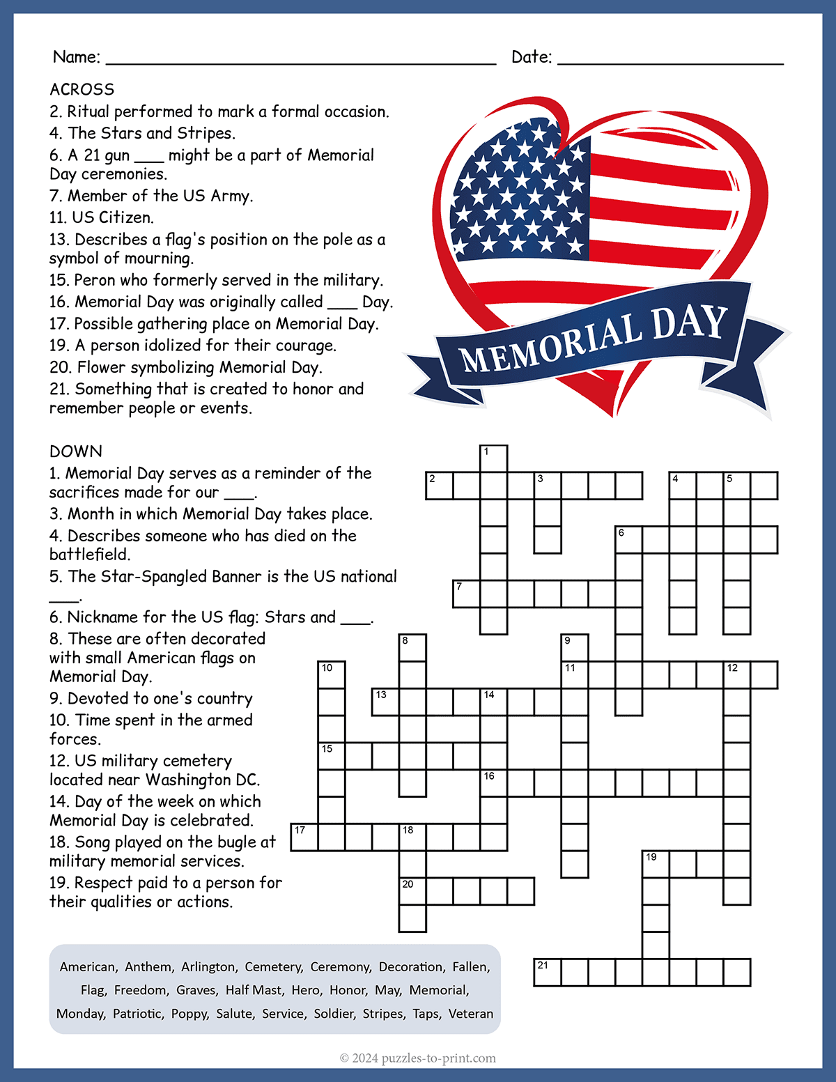 Free Printable Crossword Puzzles Memorial Day