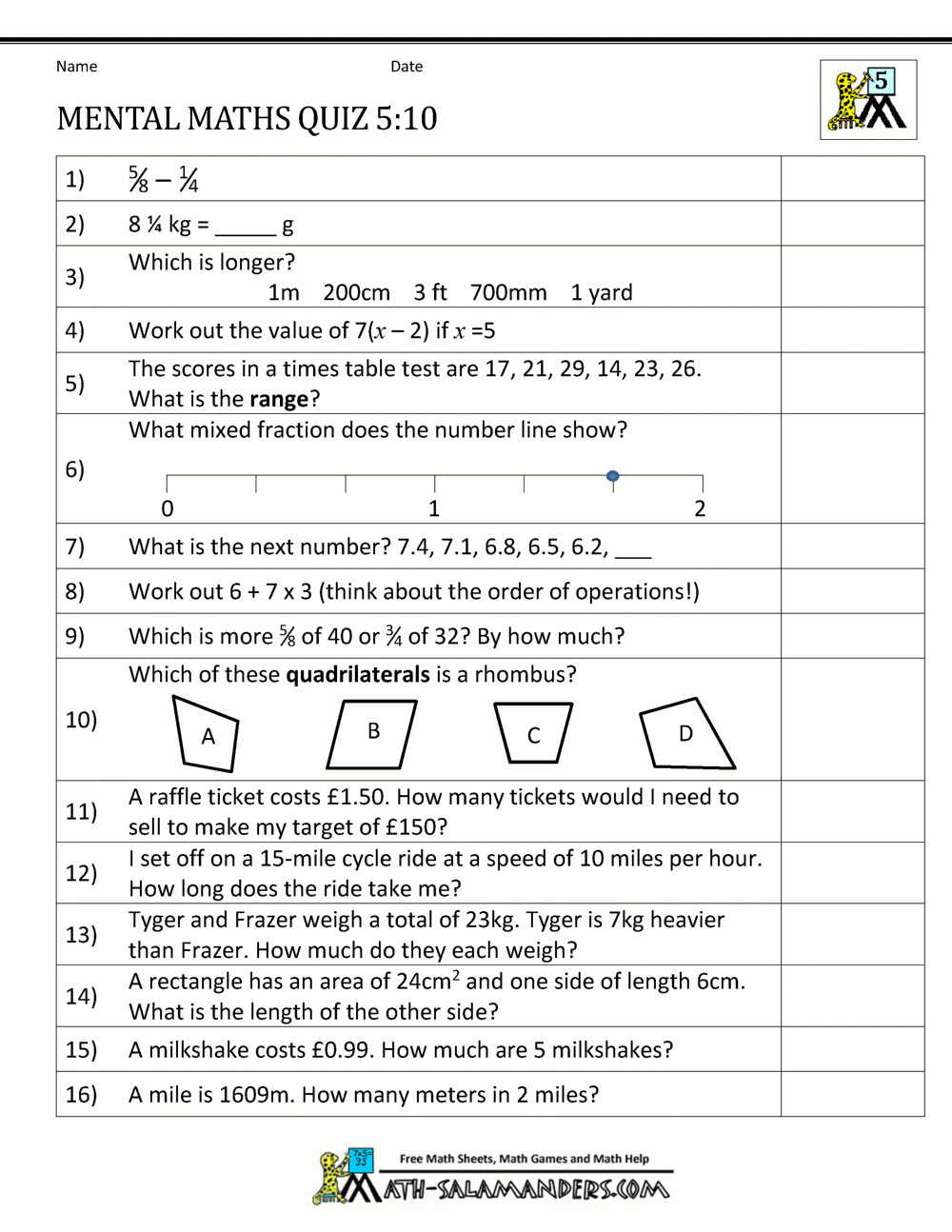 Mental Maths Practise Year 5 Worksheets Worksheets Library