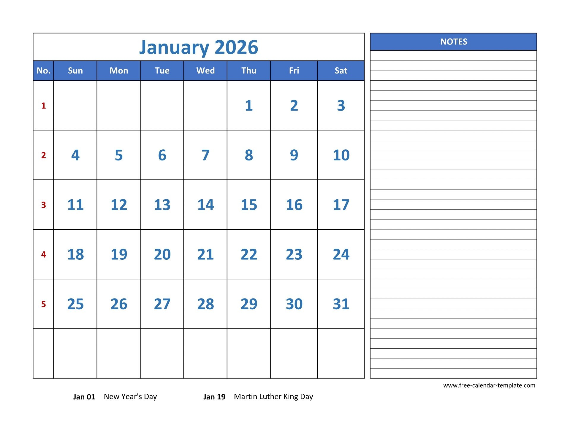 Monthly Calendar 2026 Grid Lines For Holidays And Notes 
