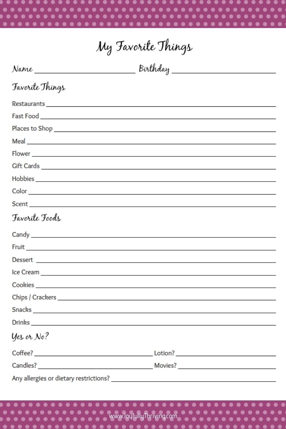 A List Of My Favorite Things Printable