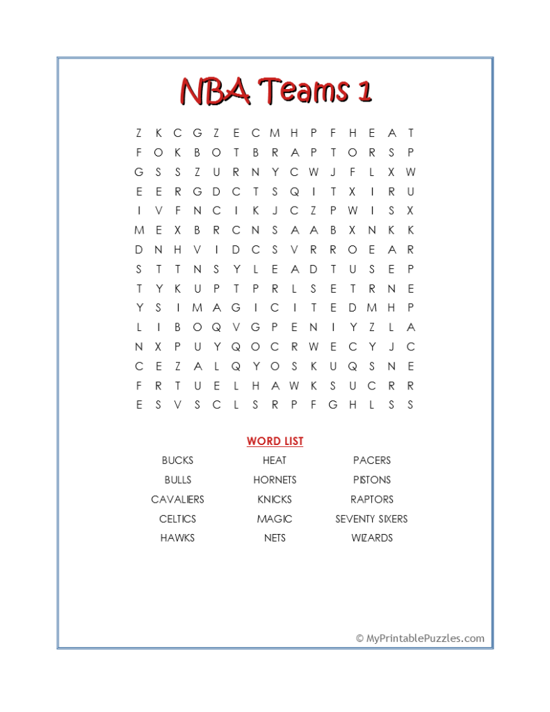 Nba Teams Word Search Printable