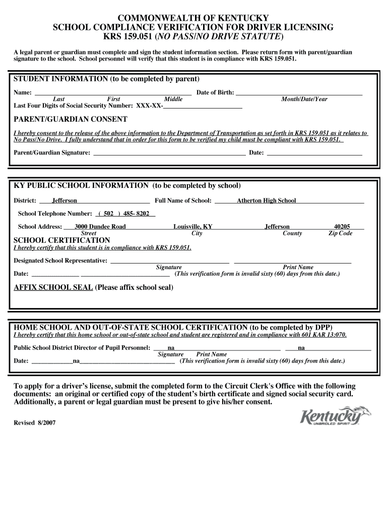 No Pass No Drive Form Ky Fill Out amp Sign Online DocHub
