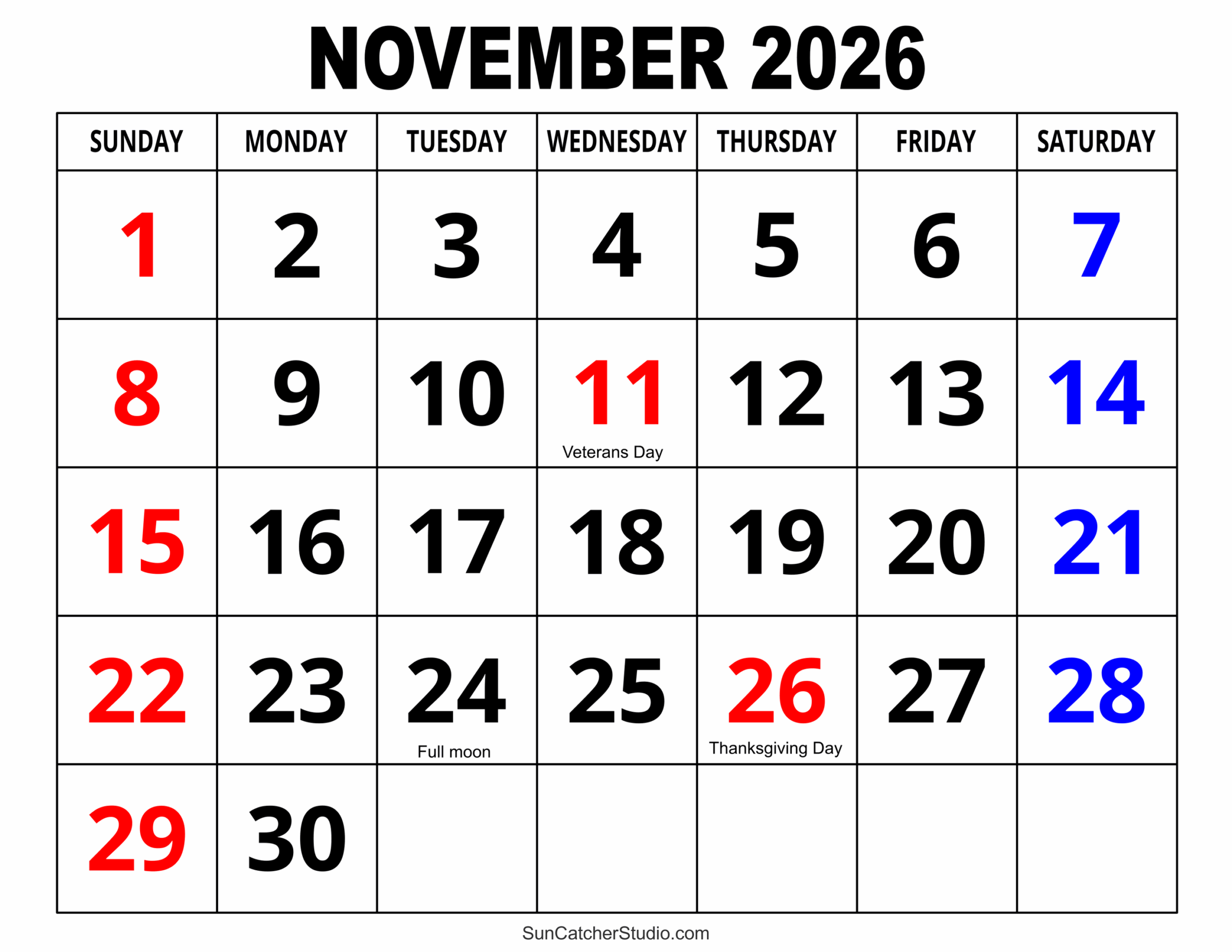 November Printable Calendar 2026 Free