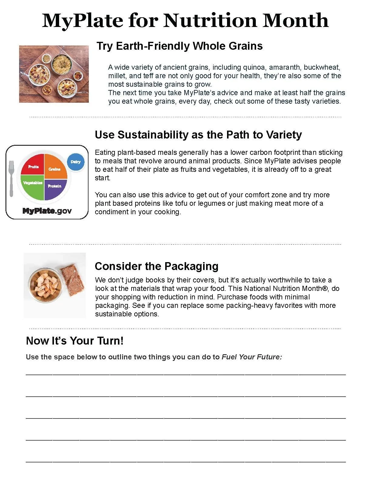 Nutrition Month Worksheet Handout To Use MyPlate In Printable 