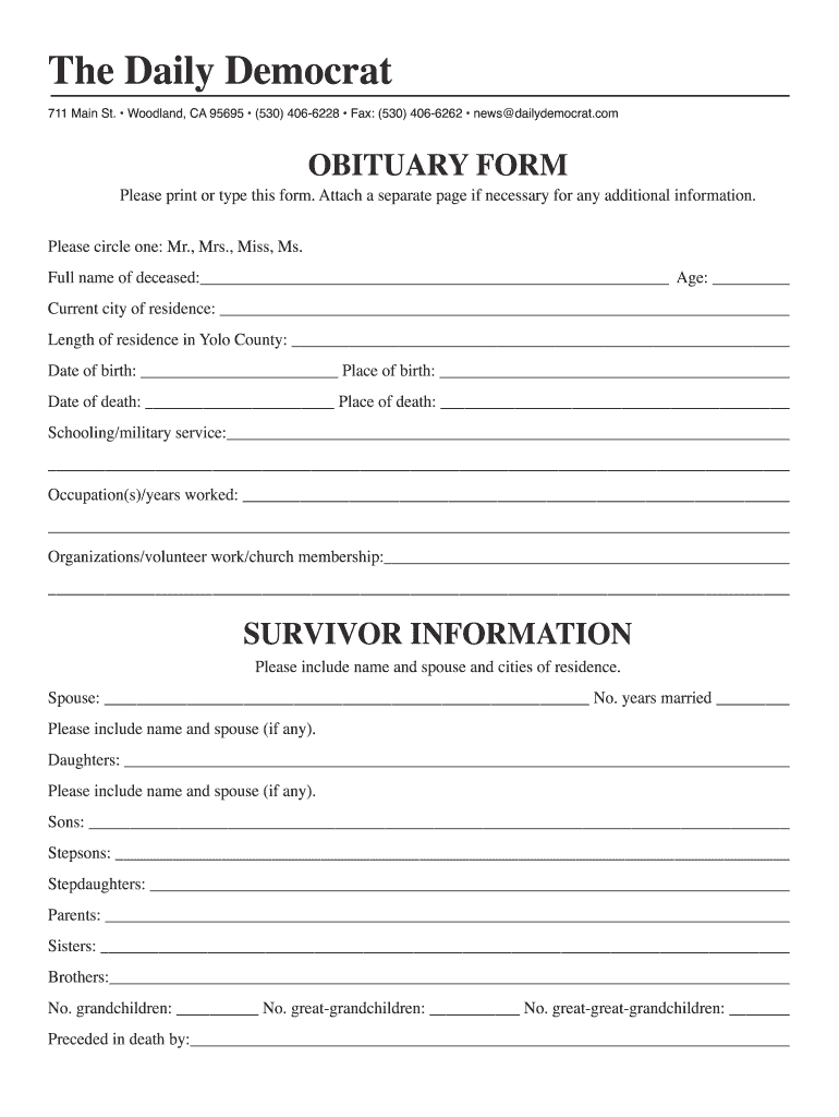 Free Blank Printable Obituary Forms