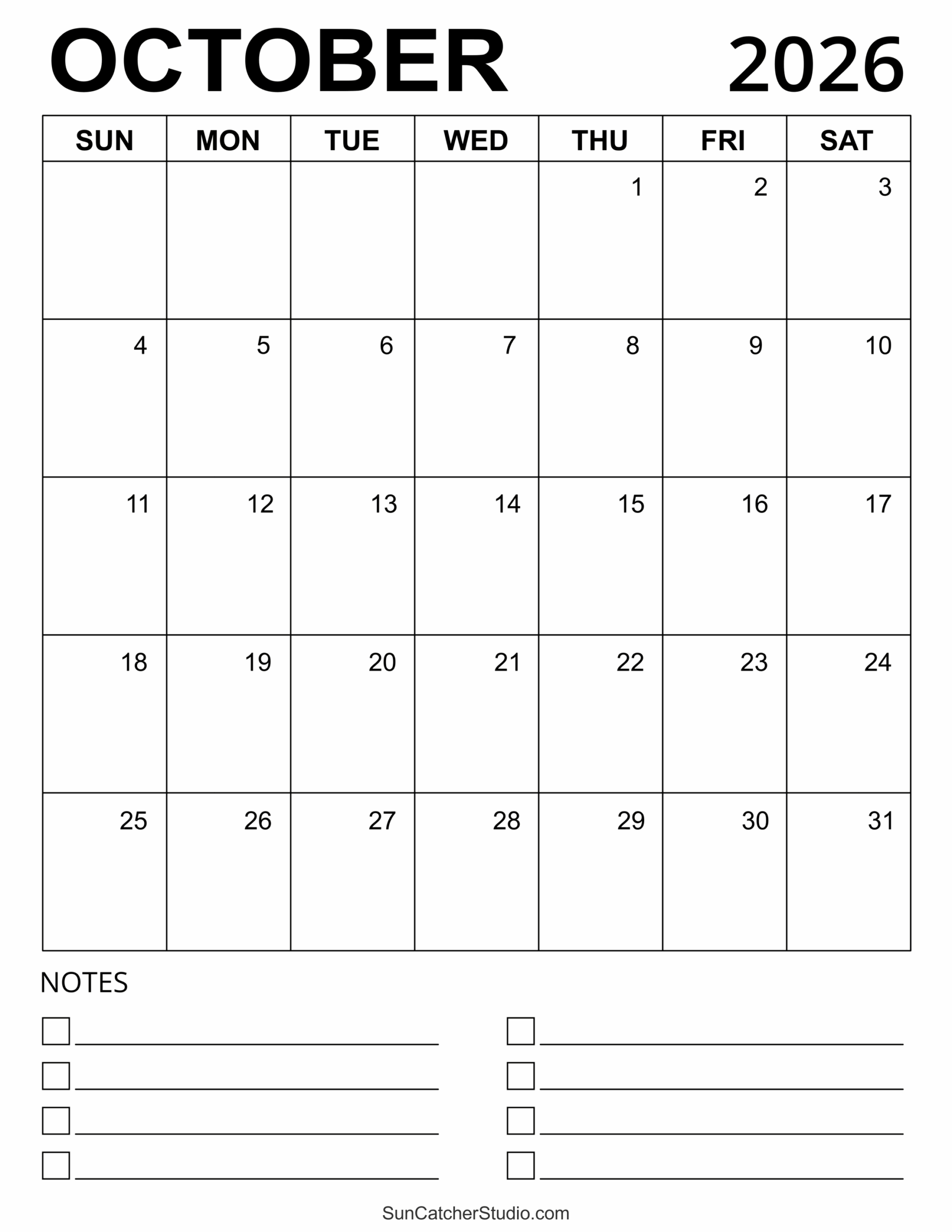 Blank Calendar Oct 2026 Printable